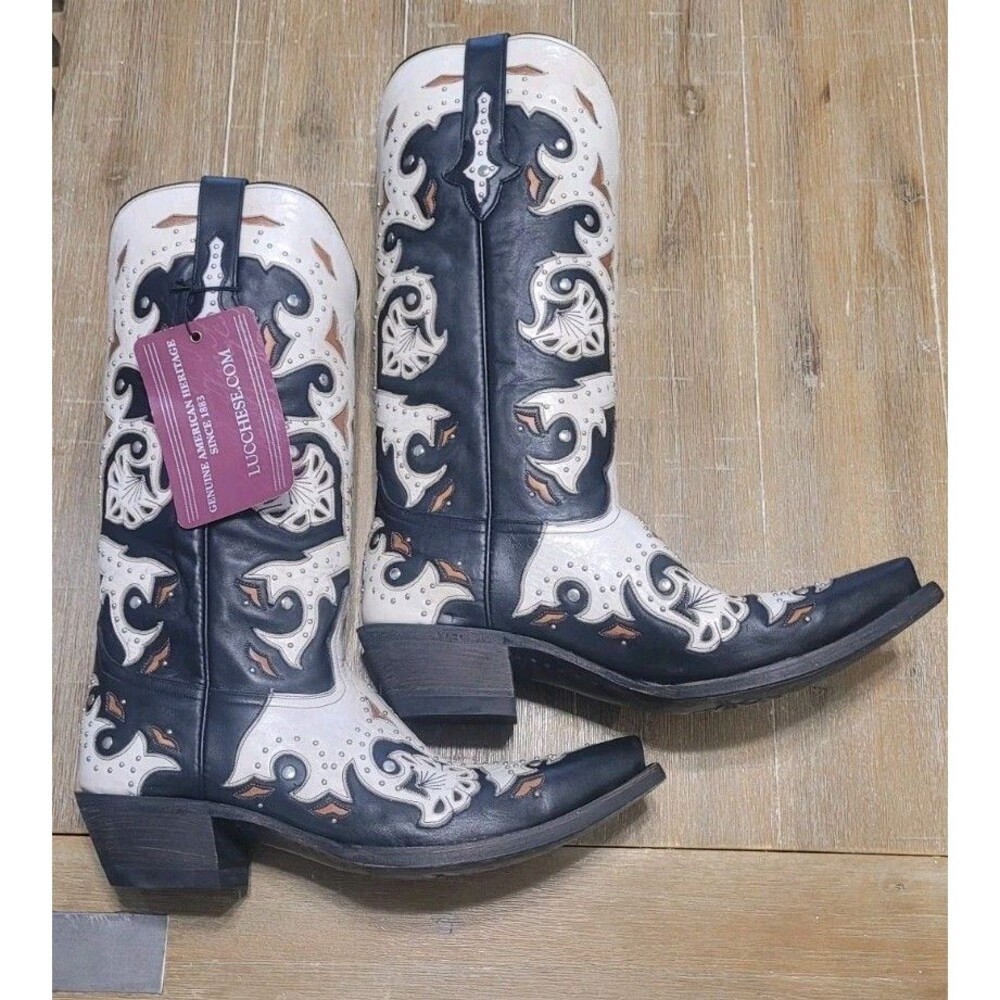 NWT Lucchese Women's Studded Scarlet Black Natural Inlay Boots 10.5B M5016